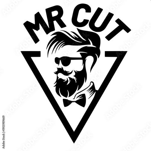Modern barbershop haircut silhouette illustration, barber standing right side cutting hair of seated customer, clean minimal graphic design style