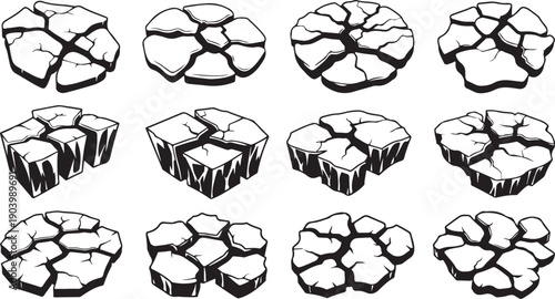 Cracked earth textures in black and white illustration style