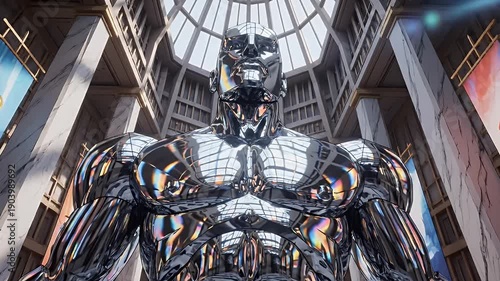 Wallpaper Mural Chrome muscular humanoid statue in a grand classical hall Torontodigital.ca