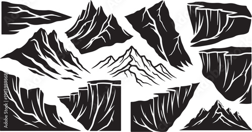 Mountain Range Silhouette Vector Illustration Set in Black White