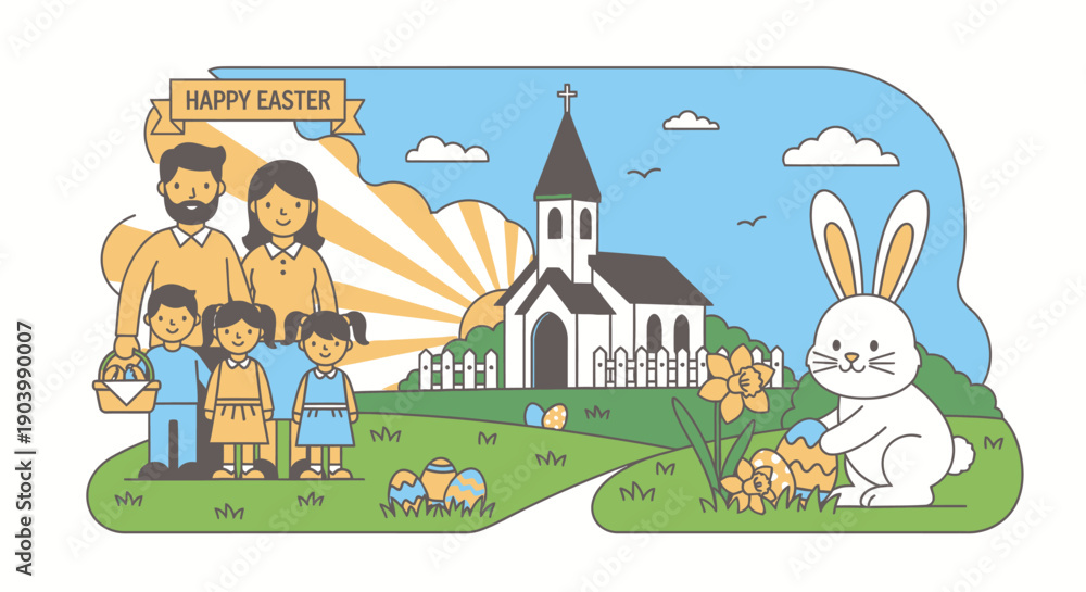 Fototapeta premium Happy Easter Bunny with Family and Church.