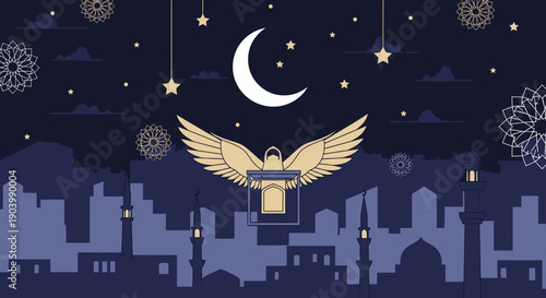 Golden Lantern with Wings under Crescent Moon.