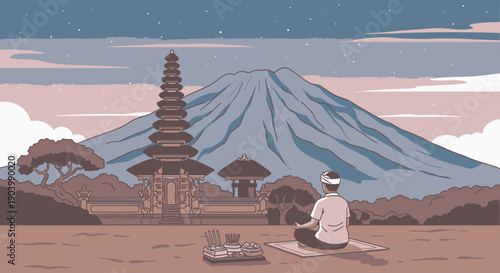 Man Meditating Near Temple and Mountain.