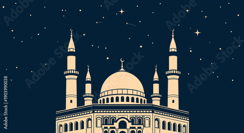 Mosque with Minarets and Dome at Night.