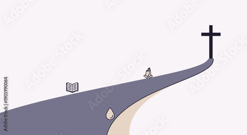 Flat minimalist vector of a spiritual journey concept, curved road going up to a cross at the top, pastel color palette, clean background, modern symbolic illustration, peaceful mood.