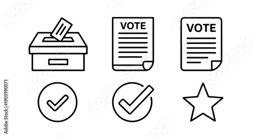 Black line icons depicting a ballot box with a paper, voting documents, checkmarks, and a star on a white background.