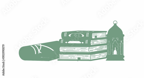 Minimalist vector illustration of books pile and classic lantern, flat design, single green color palette, spiritual education concept, isolated on white background