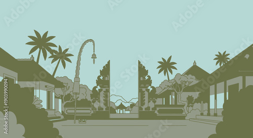 Stylized Tropical Resort Entrance with Palm Trees.