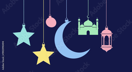 Ramadan decorations with crescent moon and stars.