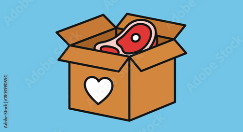 Steak in a cardboard box with heart.