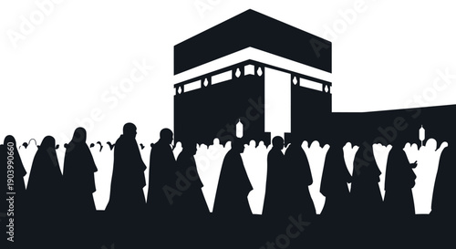 Silhouettes of People Near Kaaba Building.