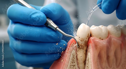Dentist scaling tooth with water spray close-up procedure