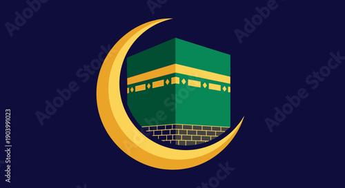 Kaaba and Crescent Moon Islamic Symbol.