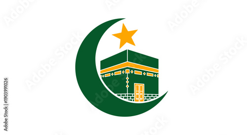 Islamic Symbol Crescent Moon and Kaaba.