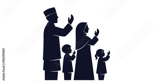 Silhouette of Muslim Family Praying Together.