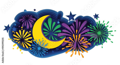 Colorful Fireworks and Crescent Moon Illustration.