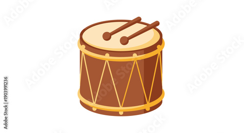 Brown Drum with Mallets on White Background.