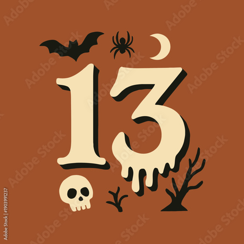 Flat vector art of bold number 13 with spooky styling