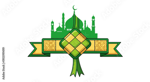 Islamic Ketupat Illustration with Mosque Silhouette.