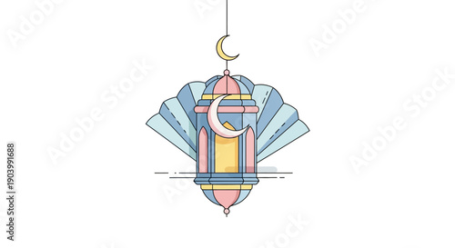 Colorful Islamic Lantern with Crescent Moon Hanging.