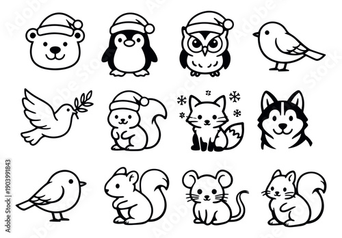 Cute hand drawn line art animal character set featuring woodland and winter creatures with santa hats for holiday and children's designs