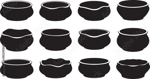 Collection of various black cauldron silhouettes on white background