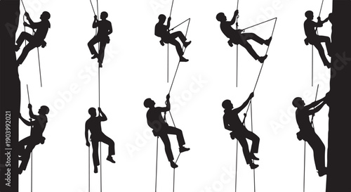 Silhouettes of people rock climbing in various poses together