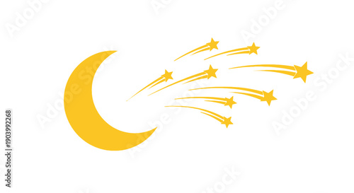 Yellow Crescent Moon and Shooting Stars.