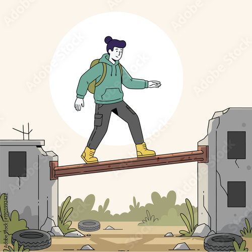 Man Walking Across Rusted Beam Between Ruined Buildings Flat Design Illustration