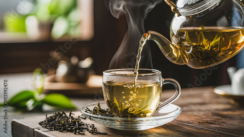 Steaming hot tea pouring from a glass teapot into a cup on wooden table