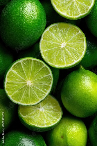 Fresh Limes Close-Up: Vibrant Green Citrus Fruits, Sliced and Whole, Perfect for Refreshing Beverages