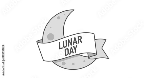Lunar Day Moon Illustration with Ribbon Banner.
