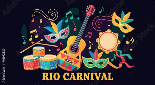 Vibrant graphic illustration of Rio Carnival elements including masks, guitar, drums, and music notes on a black background with bright colors and festive mood.