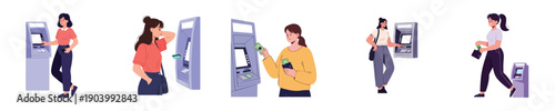 Digital Banking ATM Cash Withdrawal Flat Vector Young Woman Financial Service Illustration