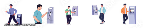 Mobile Banking ATM Transaction Flat Design Vector Young Man Using Cash Machine