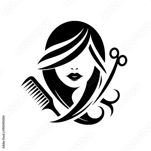 Hair salon haircut silhouette vector, stylist cutting hair of customer sitting in chair with cape cover, minimal monochrome design