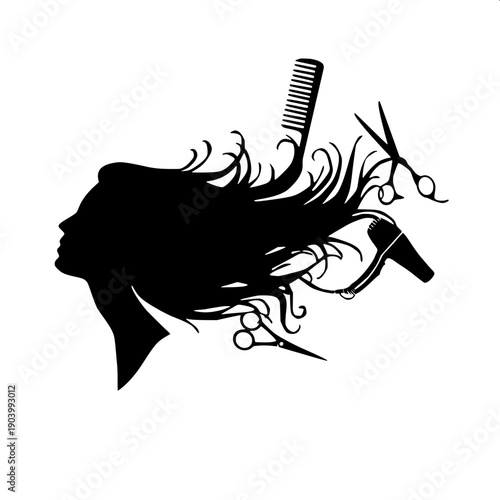 Hair salon haircut silhouette vector, stylist cutting hair of customer sitting in chair with cape cover, minimal monochrome design