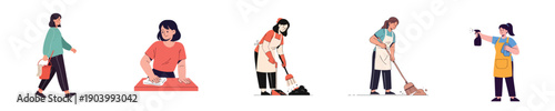 Home Cleaning Service Woman Flat Vector Set Housekeeper Doing Domestic Hygiene Work