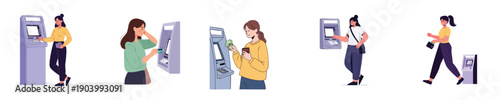 Secure Banking ATM Cash Withdrawal Flat Vector Young Woman Using Payment Terminal