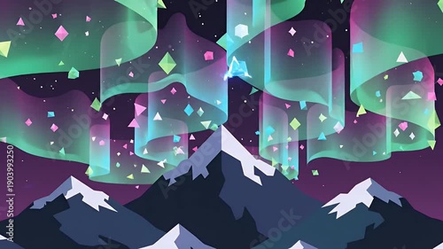 Wallpaper Mural Colorful geometric aurora above snowy mountain range at night Torontodigital.ca