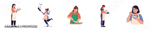 Home Cooking Woman Chef Flat Vector Set Preparing Fresh Healthy Food