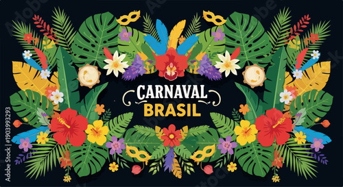 Vibrant Carnaval Brasil logo with colorful tropical leaves, flowers, and masks on a black background.