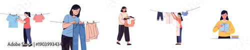 Home Laundry Woman Washing Clothes Flat Vector Illustration Set Drying Folding Garments