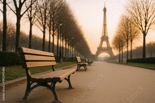 Eiffel Tower View from Park Bench at Sunrise: Serene Morning in Paris, France