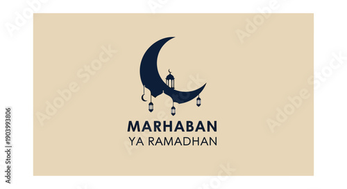 A crescent moon and mosque silhouette vector design with 'Marhaban Ya Ramadhan' text in a simple, Islamic greeting card template with a beige background and dark blue graphics.