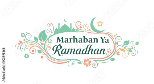 Islamic Ramadan illustration of Marhaban Ya Ramadhan design with mosque silhouette, crescent moon, and arabesque patterns on a white background, conveying a spiritual and festive mood.