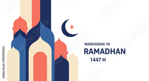 Vector illustration of a mosque silhouette with crescent moon and stars, featuring Marhaban Ya Ramadhan 1447H text, in a colorful Islamic geometric pattern design for Ramadan greeting or