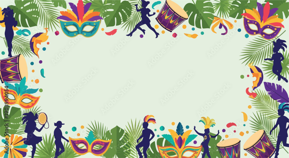 Fototapeta premium Colorful border design featuring silhouettes of people dancing and Mardi Gras masks on a green background with leaves and confetti.