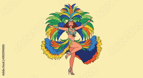 A woman dancing with a colorful feathered costume against a pale yellow background.