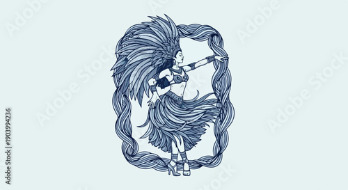 Illustration of a mythical creature with long hair and beard, sitting on a pedestal against a light blue background with a decorative border.